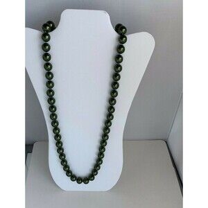 vintage Artisan Necklace Green Lg Glass Pearl Beads15mm Hand Knotted gold tone